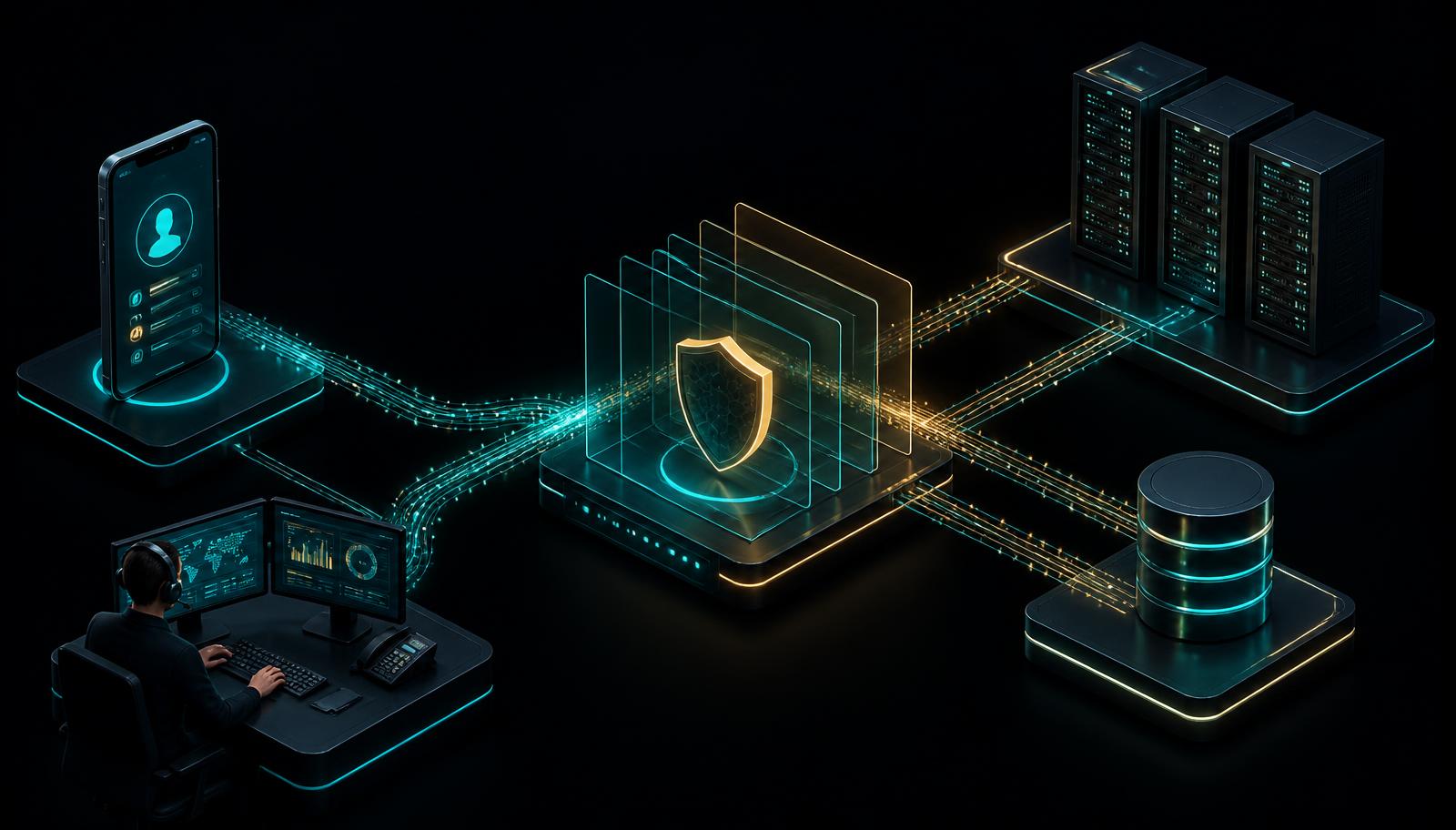 Telecom support flow: customer phone and agent console on the left, a shielded mcpgateway checkpoint in the centre, telecom core systems and billing database on the right